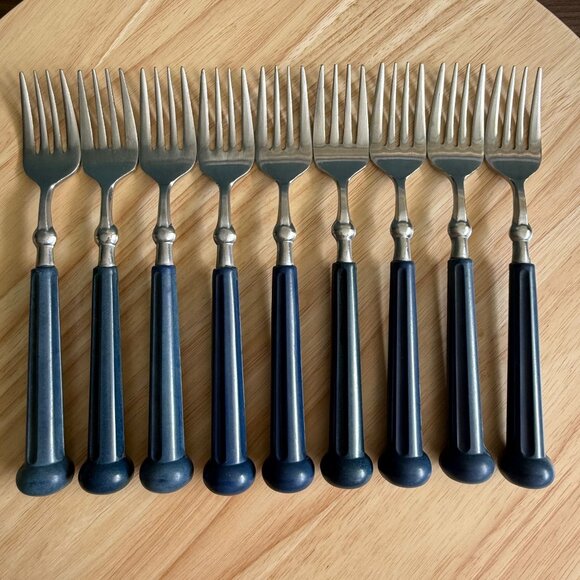 9 Oxford Hall Vintage Salad Fork Blue Handles Stainless Steel 7-1/4" MCM Retro - Picture 1 of 13